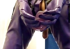 Solo ass-fuck sesh in spandex catsuit with jizz shot