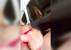 Tgirl in UBER banging fleshlight