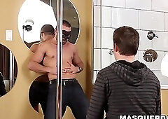 Masked male stripper teases with his body and jacks off