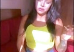 Amateur young brunette enjoys dildo on solo masturbation