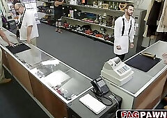 Sucking my big cock behind the counter