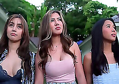 Beautiful tattooed brunette fucks with a guy outside