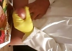 Rubber glove handjob and cum