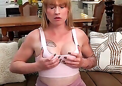 Busty TS Blonde in ripped yoga leggings was fucked in anal on a sofa