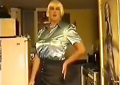 Turquoise satin blouse dildo suck