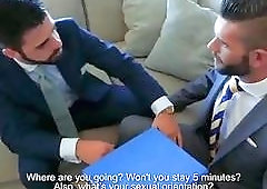 Two nasty businessmen blow the steam off before their meeting