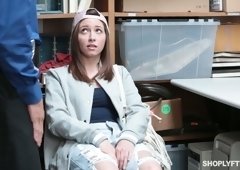 Shoplifting cute girl Hayden Hennessy gets her pussy punished in the back room