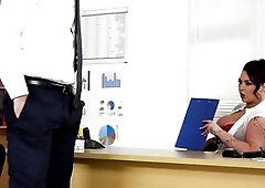 Boss in Leather Petticoat Harmony Reigns Hired a Chap After This Guy Splashed His Cum Over Her Breasts in Enormous Office Snatch Banging