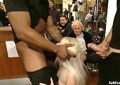 Black master with big black cock John Johnson drags hot blonde slut Ranie Mae in public shoe shop and there she gets whipped by dom Princess Donna Dol
