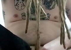 Railing fuck stick with underpants in jaws my own messy undies