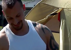 Pal spreads legs and stands in doggie getting a-hole drilled