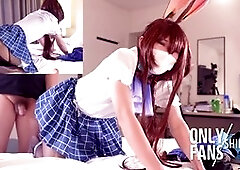 Stunning Asian shemale cosplays and goes wild in hot gonzo action