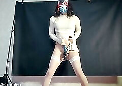 Cute Japanese shemale Mina cums in chastity like a good slut