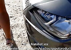 Outdoor public fingering in bikini on bonnet of car
