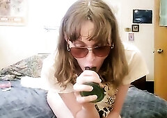 Cute trans hotty screw a sex-toy back bent over her couch with punk shirt and belt