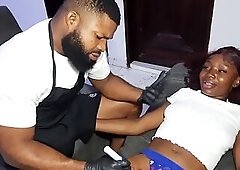 My Female Client Asked Me to Bang Her with My Large Cock After Drawing Tattoo on Her Booty and Snatch Area