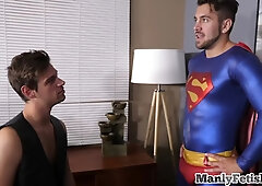 Ripped bareback cosplayers jerking off in an erotic couple