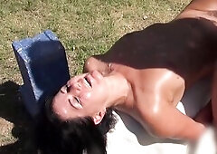 I made a wager with the lads that when I lay down bare on the garden table, not everybody dares to pull out his wang and squirt up on my exposed body.