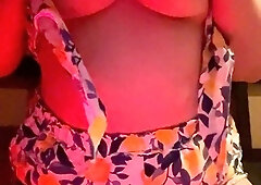 Busty curly brunette with big boobs fucks on couch