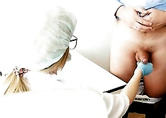 Nurse gave cum on her glasses and titties.