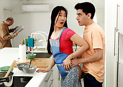 Long-haired bombshell Katana pleasures lucky dude in the kitchen