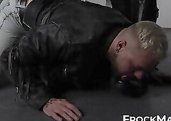 Horny stud Gunnar Gates jerks cock while licking the shiny boots of hunky Bound Eagle
