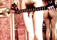 Curly guy with beard workout