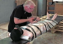 Old man wraps his twink in foil and plays with him in rough BDSM
