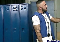 Athletic gay coach jizzes on young jock