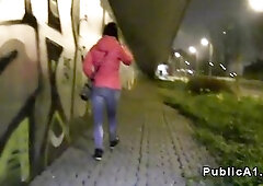 Hot Czech brunette hair amateur hottie on her way to home after finished work in bar gets suggest from stranger for public bang in his car for money