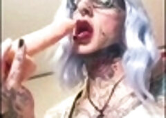 Crossdresser dildo, pierced sissy