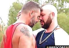 Beefy daddy biker exchange blowjobs with tattooed mature gay wildly