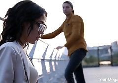 Dude picks up nerdy babe in glasses Kris the Foxx and fucks her in mouth and pussy