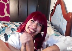 Awesome redhead knows how to give a good blowjob on the knees