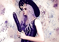 Hawt slender Sissy Wench clothed as a Darksome Witch Rides on three Huge Dildos!