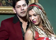 Voluptuous blonde in red lingerie rides and submits for her dark-haired lover in a gothic chamber