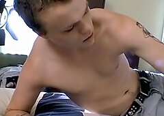 Horny Holden gets naughty, stroking his cock and climaxing while enjoying a smoke