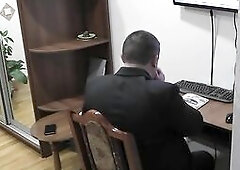 In office boss screws secretary on desktop with doggy style and in front. Boss and secretary. Office sex. Office camera