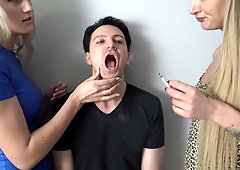 Submissive man kneels and serves his blonde mistress in a series of domination scenes