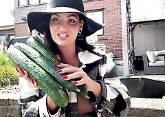 Despairing slutty housewife is out in her garden and gets super aroused when this babe finds big cucumbers in her garden whilst her spouse isn’t hom