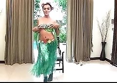 Shemale with a nice pair of tits dances and masturbates