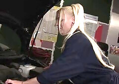 Sexy golden-haired wench in pink fishnets enjoys in the screwing by the car with ending on her large round ass.