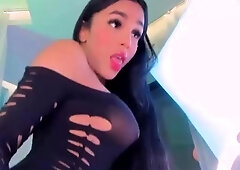 Tranny with Big Tits Jerking Off her Big Cock