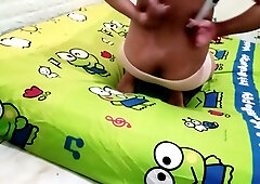 Indonesian woman caught in passionate cheating moment on cartoon bed
