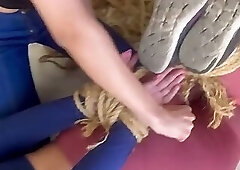 Dominant Beauty Hog-Ties And Muzzle Fitness Girl With Dirty Socks, Tight Tape Gag And Hooded Nylon E