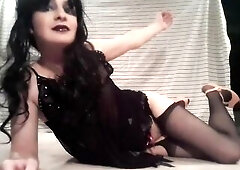 White sissy cd trap emo crossdresser ebony teddy nylons garter pink wedges heels caged tiny dong rod butt booty model underware