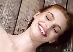 Bound slave is gagged with big dick