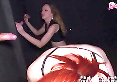 Red haired cock teaser and her blonde friend are giving blowjobs to various guys through gloryholes