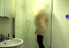 Black stockings in the shower