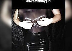 Obscene Gal in Shiny Spandex and Latex Petticoat gives Tugjob untill Cum